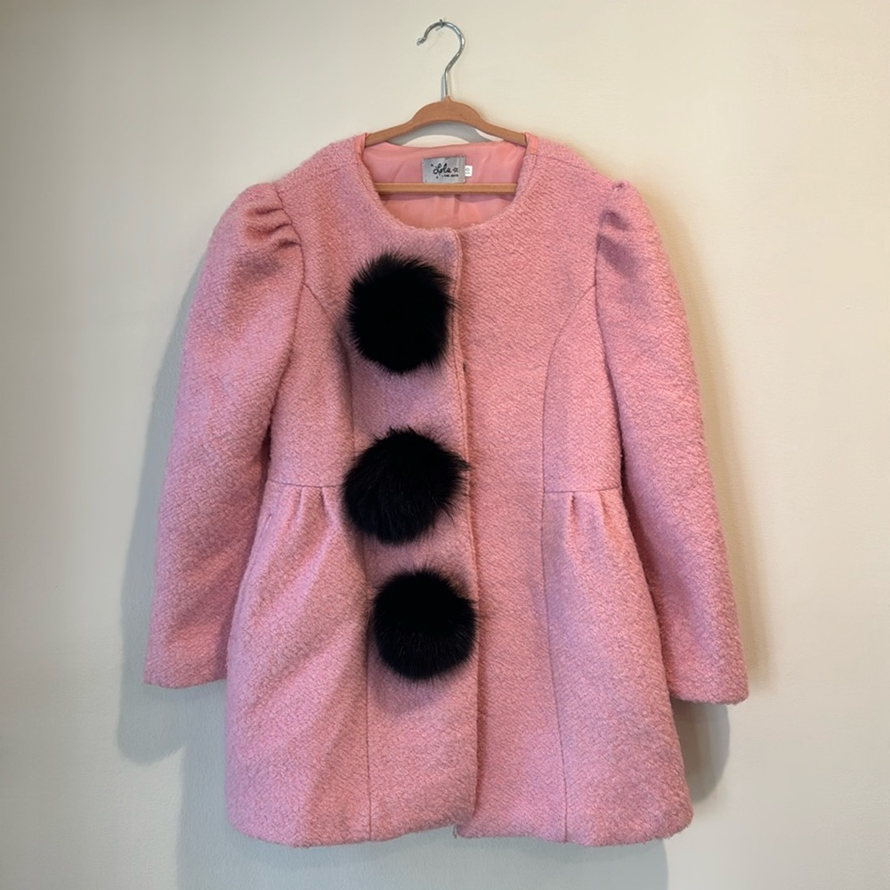 Lola and the Boys size 10 pink wool coat with black poofs